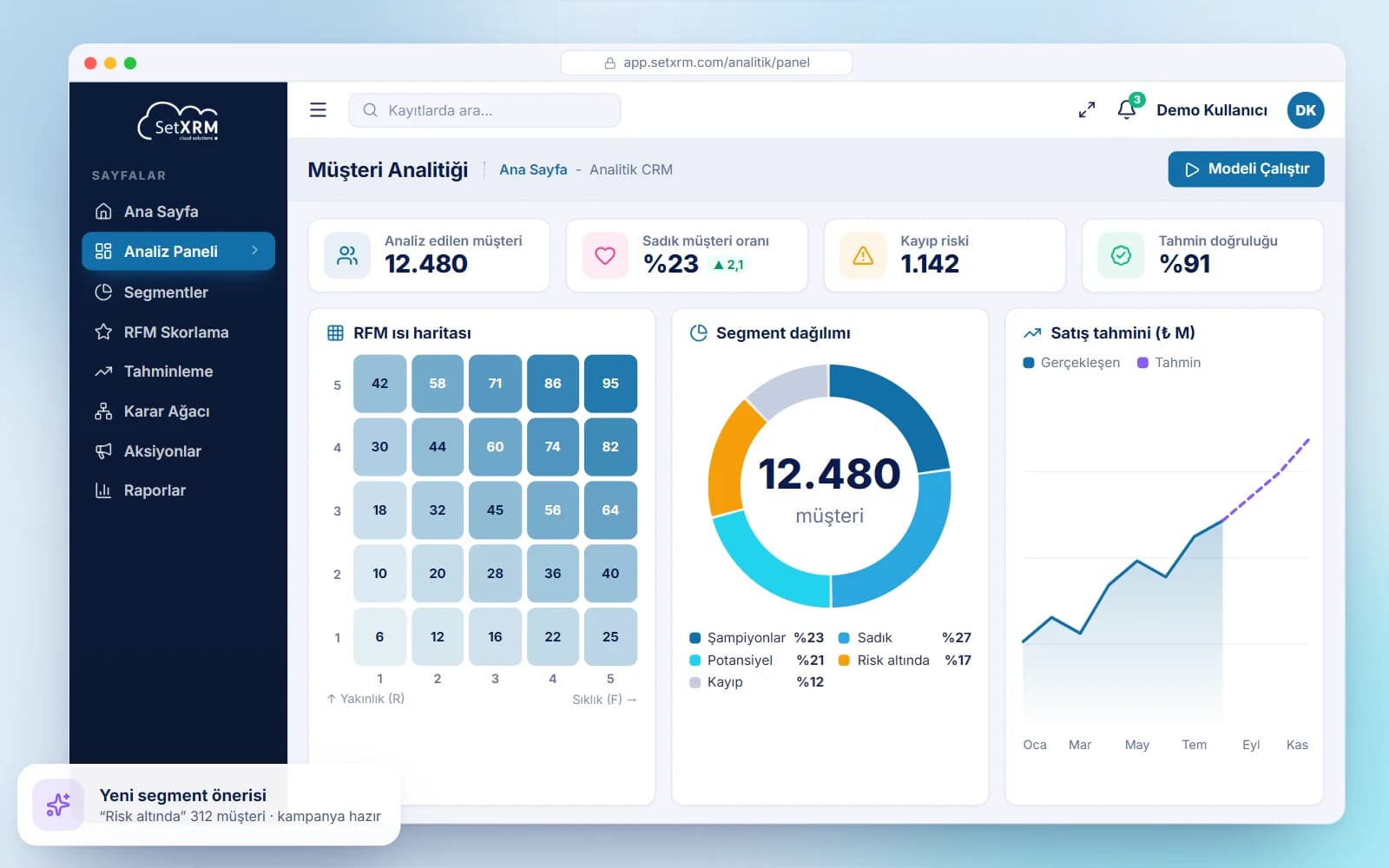 SetXRM customer analytics with RFM heat map, segment distribution and sales forecast