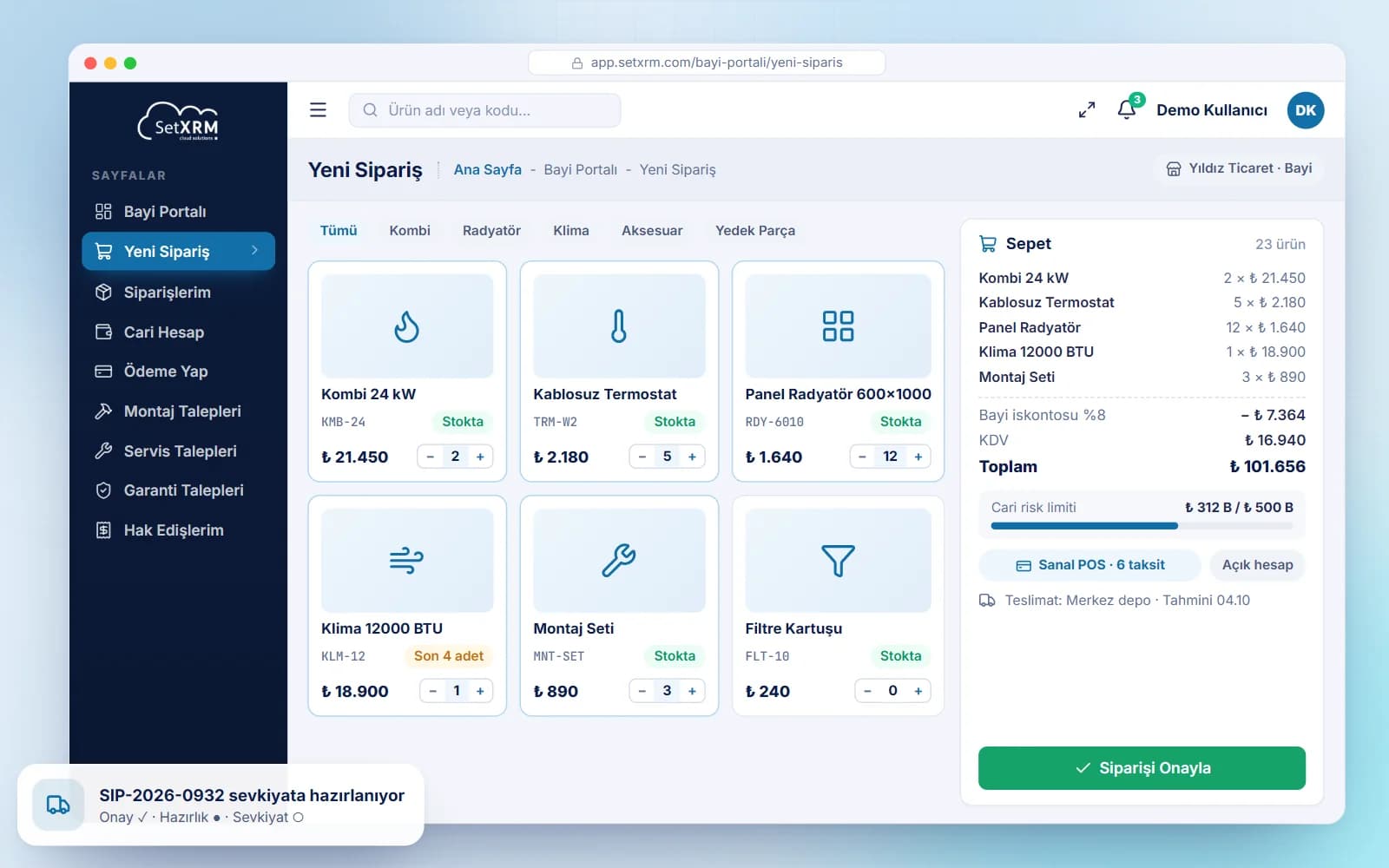 SetXRM Händlerportal-Bestellmaske mit Produktkatalog, Warenkorb, Kreditlimit und virtuellem POS