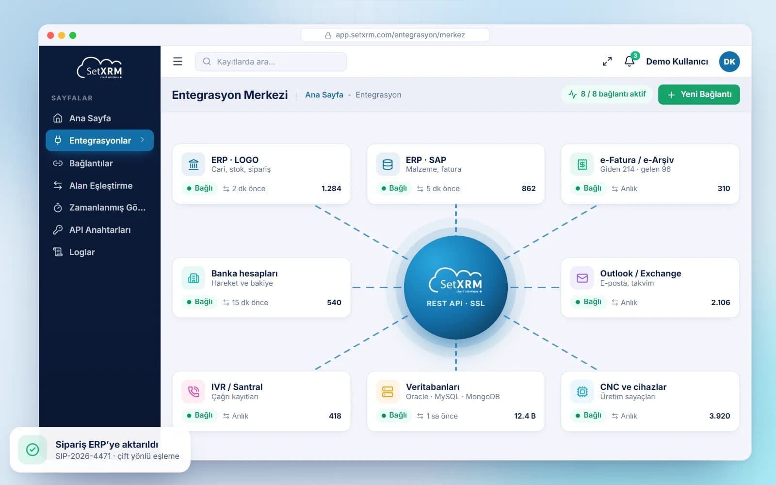 SetXRM Integrations-Hub mit ERP-, E-Rechnungs-, Bank-, E-Mail-, IVR- und Datenbankanbindungen