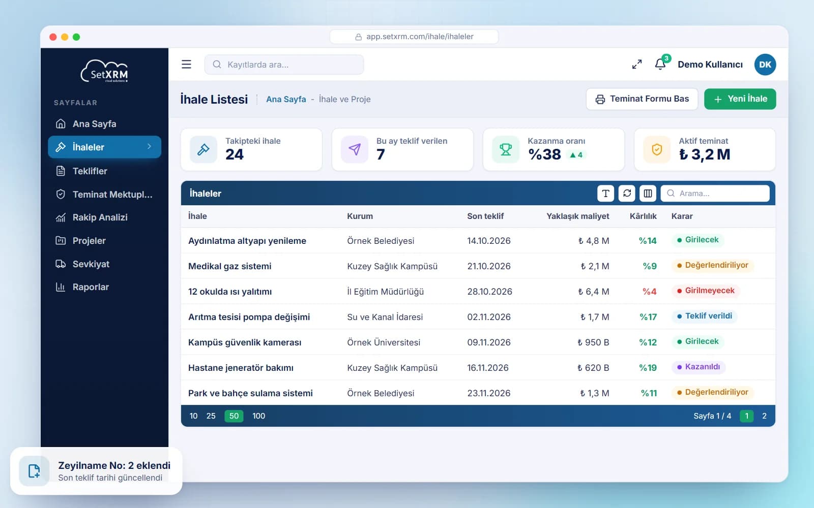 SetXRM tender list with authority, bid deadline, cost, profitability and decision