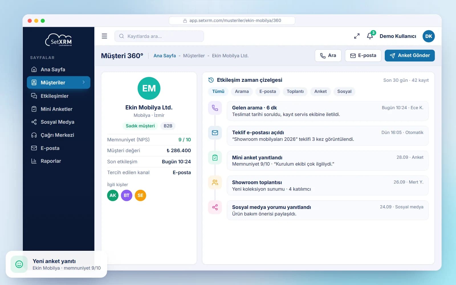 SetXRM customer 360° view with calls, e-mails, meetings and survey interactions