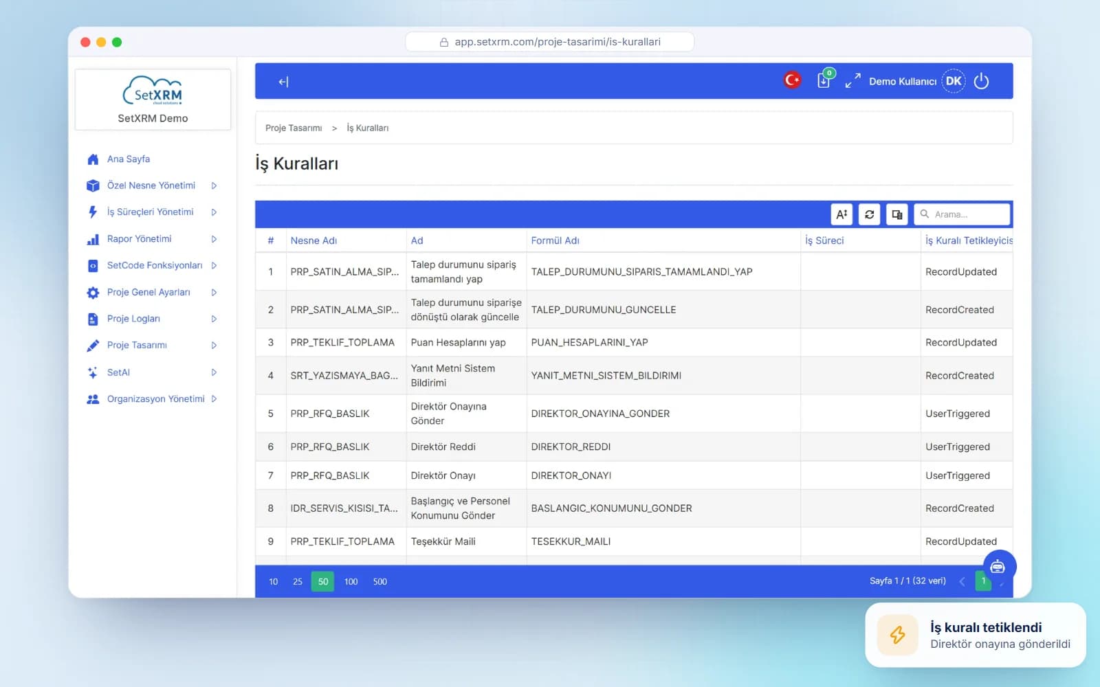 Geschäftsregel-Liste in SetXRM (echter Screenshot)