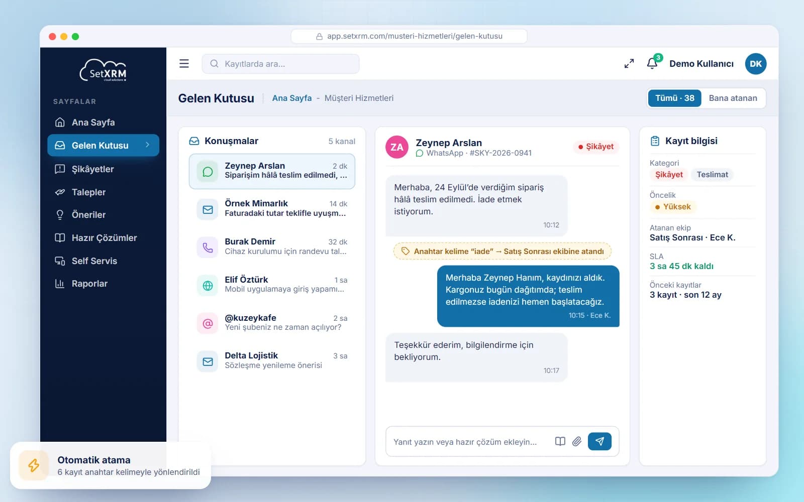SetXRM omnichannel inbox with e-mail, WhatsApp, phone and web requests