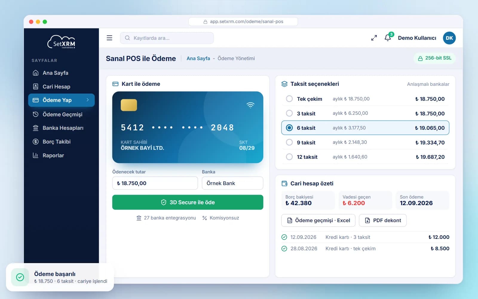 SetXRM virtual POS payment screen with card payment, instalment options and account summary