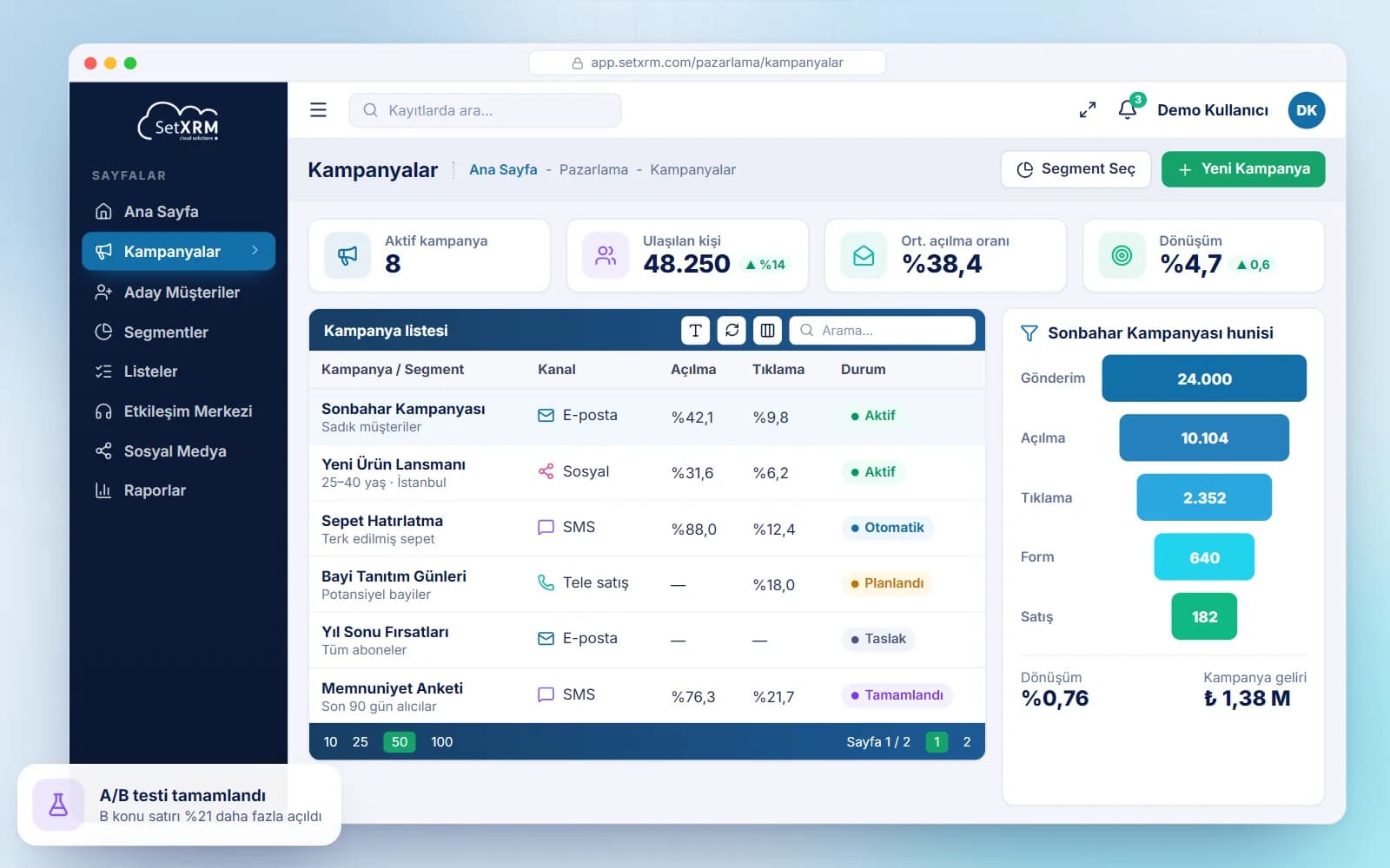 SetXRM kampanya listesi: kanal, açılma ve tıklama oranları ile kampanya hunisi