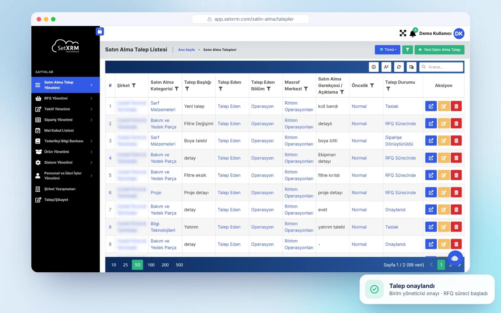 SetXRM purchase request list (real screenshot)